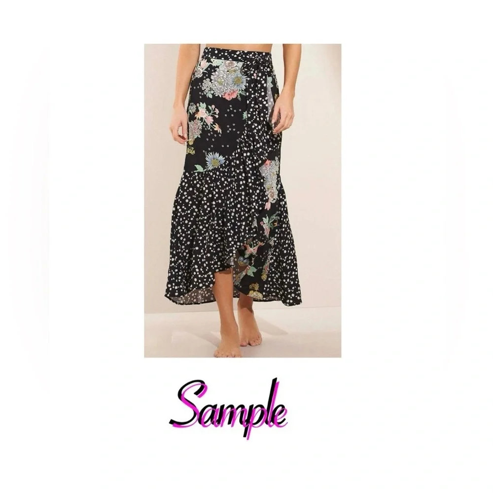 Sharon Max Vintage Black Floral & Polka Dot Ruffle Midi Skirt S